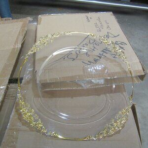 CLEAR PLASTIC CHARGERS W/GOLD FANCY DECOR RIM, 2 BOXES OF 6 $EACH BOX